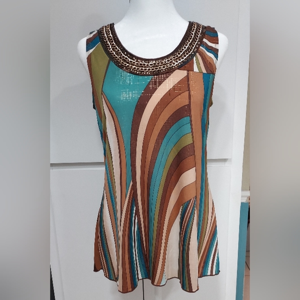 Sleeveless Blouse Dressbarn Sz Sm. Scoop Neck w Gold Chain Sequins